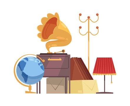 vintage objects: globe, gramophone, lamp, coat rack clip art preview