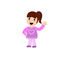 Funny Little girl. Happy child waves hand. Cute Character in pink clothes.