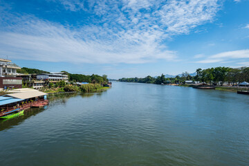 River Kwai In Kanchanaburi, in Thailand, viewed from the famous and historic Death Railway Bridge.