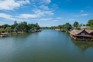 Fototapeta na wymiar River Kwai In Kanchanaburi, in Thailand, viewed from the famous and historic Death Railway Bridge.