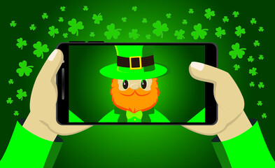 Leprechaun Gnome made selfie on smartphone. St Patrick's day vector illustration