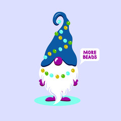Mardi Gras Gnome vector illustration. More beads handwritten text. Cute elf drawing in flat style. Cartoon character. Design for holidays decoration, greeting cards, gift tags, t-shirt print