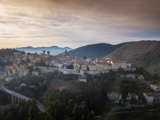aerial view of the medieval village of Arcevia in the province of Ancona in the Marche region of...