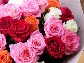 Closeup of a Beautiful bouquet of a multicolour roses.