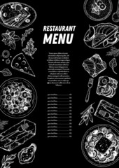 Obraz na płótnie Canvas Food top view. Sketch illustration. Hand drawn. Food menu design template. Hand drawn sketch vector illustration.
