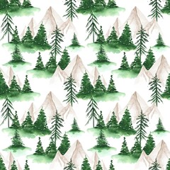 Landscape seamless pattern on a white background. Pine trees, and mountains endless print. Watercolor forest wallpaper. Green trees, and peaks backdrop. Nature design for wrapping paper and more.