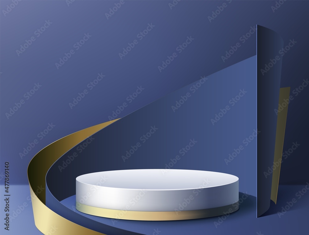 Poster Platform background. 3D product display backdrop with minimalistic studio and abstract geometric pedestal. Empty cylindrical podium. Gold and blue showcase. Vector exhibition stand