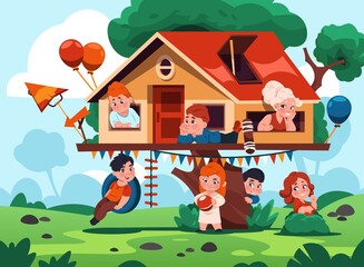 Children in house on tree. Cute and cozy kids playground with wooden shed on branch. Happy characters climbing and running. Boys and girls playing in treehouse. Vector illustration