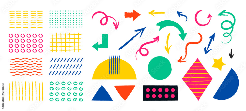 Aufkleber Abstract doodle shapes. Primitive sketch of arrow pointers. Minimalistic textures and banner geometric figures. Direction line symbols. Vector hand drawn isolated colorful elements set