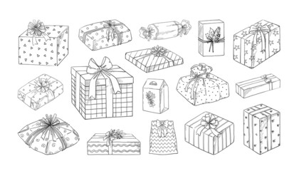 Doodle gift box. Birthday or Christmas present cardboard packaging with decoration ribbon. Hand drawn holiday surprise containers. Xmas celebration. Vector anniversary package sketches set