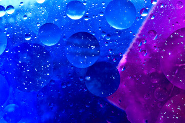 Bright oil transparent bubbles on a light blue background.
