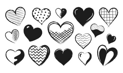Heart sketch. Grunge paintbrush logo with primitive textures. Scribble ink shapes. Love and passion contour signs. Romance and marriage symbol. Vector Valentine brushstroke icons set
