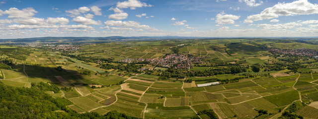 Aerial Drone Panorama of Vineyards and fields of the Rheinhessen area at Großwinternheim close to...