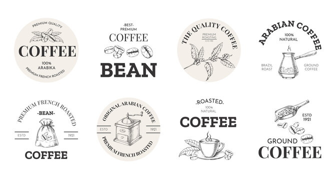 Coffee logo. Vintage premium arabica label with hand drawn beans sack and mug for cafe and coffeeshop. Espresso menu emblem with text. Spoon and roasted seeds mill. Vector stickers set
