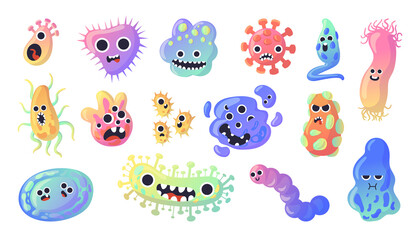 Cartoon germ character. Funny bacteria. Ameba cell. Virus and microbe with cute faces. Isolated colorful unicellular microorganisms. Microscopic monsters. Vector pathogen creatures set