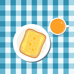 Delicious and healthy food. Breakfast, a cup of tea and a cheese sandwich. Vector illustration