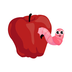 Worm and apple. Cartoon caterpillar character digging hole in red sweet fruit. Insect eating garden natural food. Little crawling animal. Funny maggot with happy face. Vector illustration