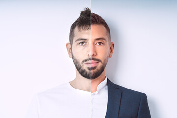 Young man before and after visiting barbershop. New haircut or hairstyle. Male beauty transformation - obrazy, fototapety, plakaty