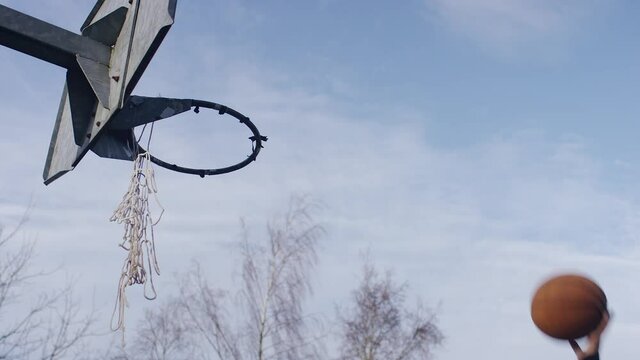 Shot Of An Old Basketball Ring As Somebody Shoots The Ball Multiple Times