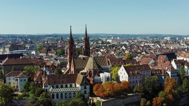 Basler Muenster in Basel at summer - Eye level Wide shot - Aerial 4k