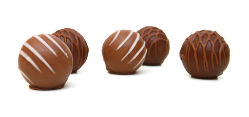 Chocolate candies collection. Beautiful Belgian truffles isolated on white background