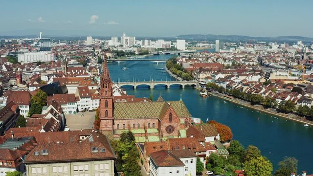 Basler Muenster next to the Rhein in Basel at summer - Wide shot - Aerial 4k