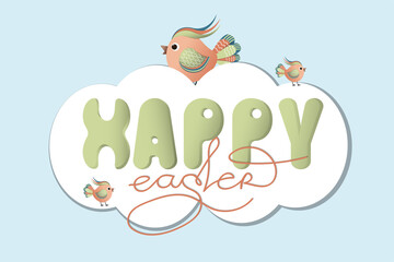 Happy easter font design. banner with multicolored letters. Vector illustration in doodle style. carrot with leaves