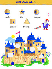 Educational page for little children. Use a scissors to cut and glue the castle. Learn geometric figures. Printable template with exercise for kids. Logic puzzle game. Cutting and handwork skills.