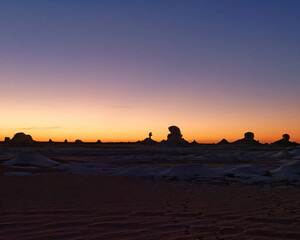 Scenic view of the amazing sunset in the White Desert in Egypt
