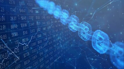 Modern business network charts on artistic shiny animation background with blockchain chain rotation.