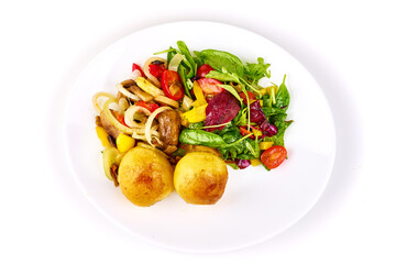 Baked potatoes with vegetables and mix salad, isolated on white background.