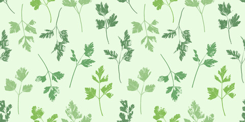 Parsley herb grunge pattern. Parsley, celery abstract herbal plant retro background. Gardening, culinary and aromatherapy.