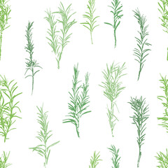 Rosemary grunge retro pattern. Rosemary herb abstract vintage background. Herbal plant. Gardening, culinary and aromatherapy.