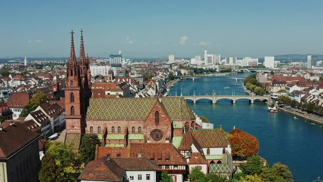 Basler Muenster with the Rhein at summer - Full shot Moving Left - Aerial 4k