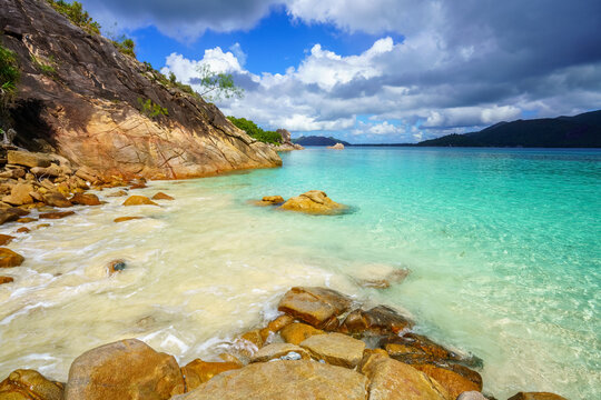 tropical beach on curieuse island on the seychelles