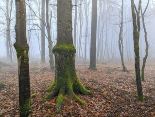 Trees, leaves and moss in the forest in Hunsrück area, Germany on a foggy day in autumn