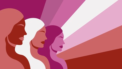Multinational women silhouettes with rays of flag lesbian. Proud gay girls looking to bright future lgbt. Struggle for tolerance and vector transgender equality
