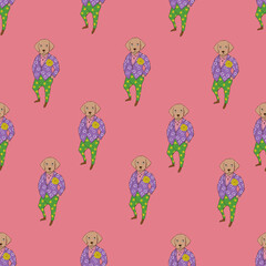 スーツ犬のシームレスなパターン。テキスタイル、壁紙、包装紙のデザイン。