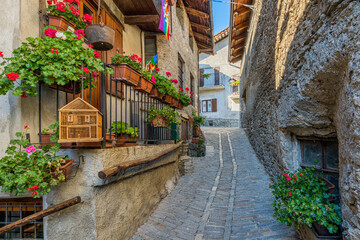 The beautiful village of Usseaux, during fall season, in Chisone Valley. Province of Turin,...