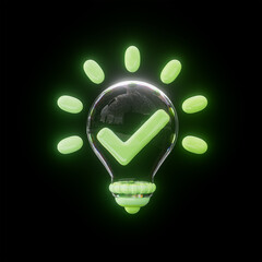 lightbulb checkmark glossy neon bright realistic sign on black background 3d render web icon concept