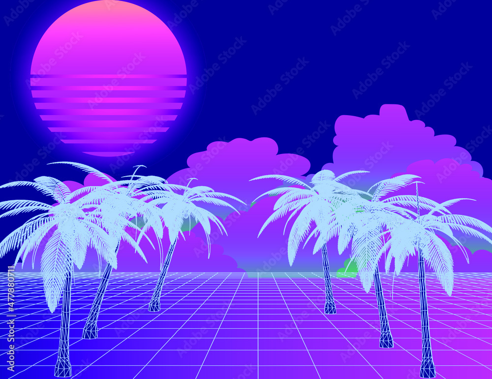 Poster vaporwave retro style 3d landscape with laser grid, row of palm trees and sun. vector illustration.