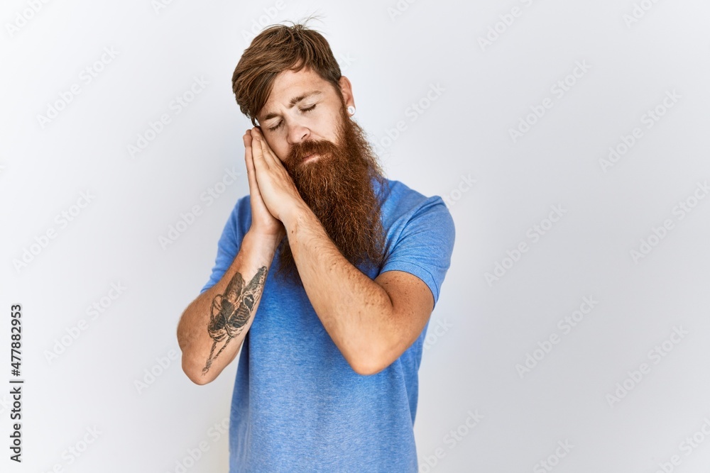 Poster Caucasian man with long bear standing over isolated background sleeping tired dreaming and posing with hands together while smiling with closed eyes.