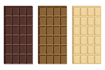 Vector illustration of white, black and milk chocolate bar isolated on white background.

