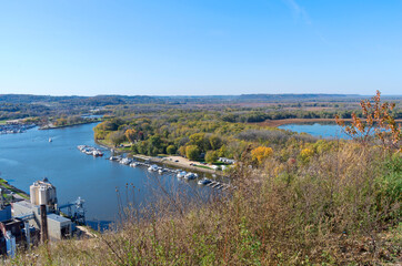 aerial of mississippi river and marina from bluffs of red wing minnesota