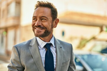Fototapeta premium Middle age businessman smiling happy standing at the city.