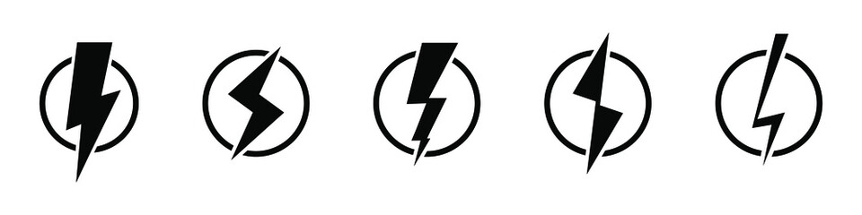 Set of lightning bolt icons. Black thunderbolt flat icons. Vector illustration isolated on white background. EPS 10