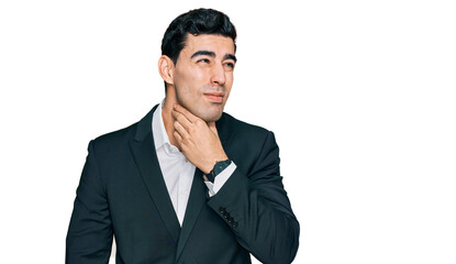 Handsome hispanic man wearing business clothes touching painful neck, sore throat for flu, clod and infection