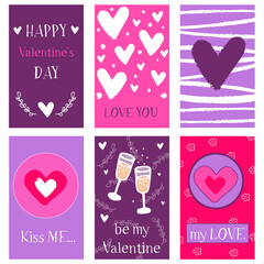 A set of Valentine's day greeting tags with hearts, greeting letters on different backgrounds. For love letters, presents, gifts, cards