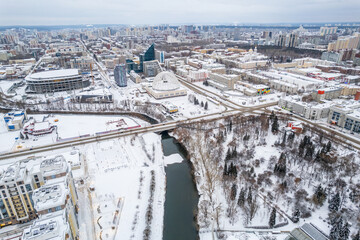 Yekaterinburg aerial panoramic view at Winter in cloudy day. Ekaterinburg is the fourth largest...