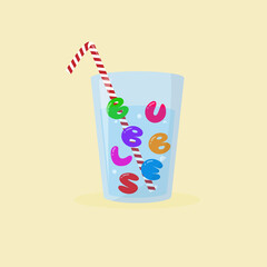 Glass with water and a straw and the word bubbles made of multicolored letters